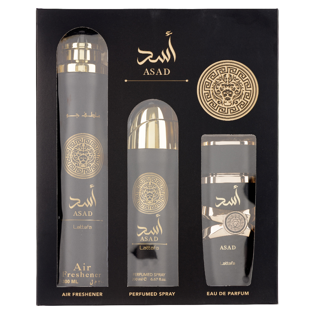 (plu01704) - Set Cadou Asad Apa de Parfum 100ml + Deo Spray 200ml + Odorizant camera 300ml, Lattafa (plu01704) - Set Cadou Asad Apa de Parfum 100ml + Deo Spray 200ml + Odorizant camera 300ml, Lattafa