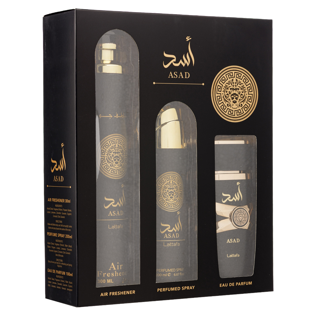 (plu01704) - Set Cadou Asad Apa de Parfum 100ml + Deo Spray 200ml + Odorizant camera 300ml, Lattafa (plu01704) - Set Cadou Asad Apa de Parfum 100ml + Deo Spray 200ml + Odorizant camera 300ml, Lattafa