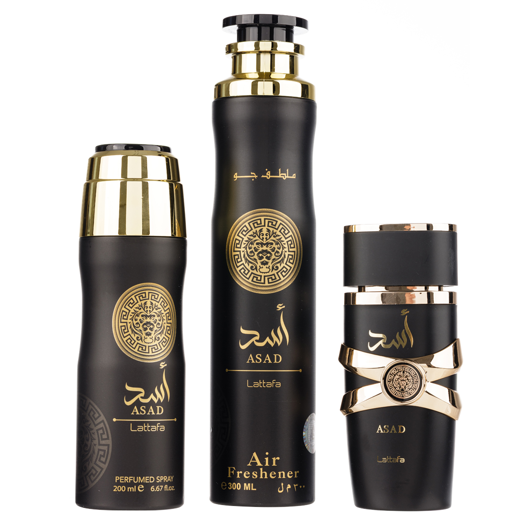 (plu01704) - Set Cadou Asad Apa de Parfum 100ml + Deo Spray 200ml + Odorizant camera 300ml, Lattafa (plu01704) - Set Cadou Asad Apa de Parfum 100ml + Deo Spray 200ml + Odorizant camera 300ml, Lattafa