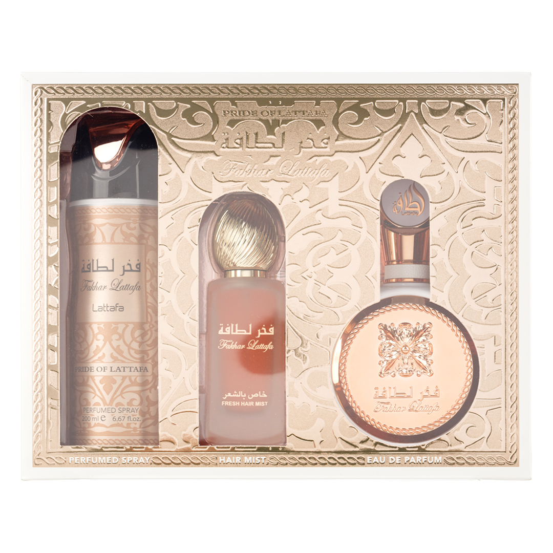 (plu01705) - Set Cadou Fakhar Woman Apa de Parfum 100ml + Parfum pentru par 50ml + Deo Spray 200ml, Lattafa (plu01705) - Set Cadou Fakhar Woman Apa de Parfum 100ml + Parfum pentru par 50ml + Deo Spray 200ml, Lattafa
