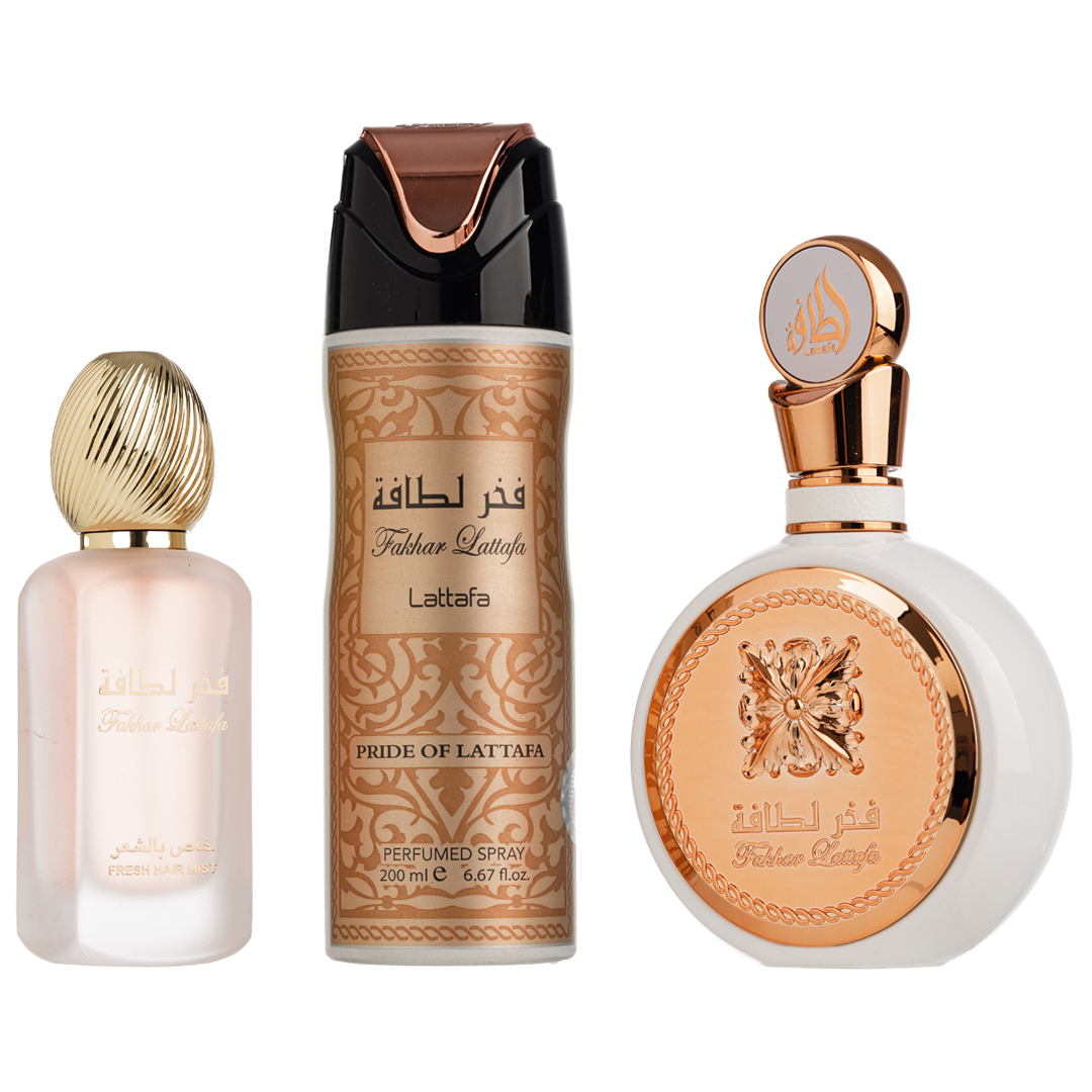 (plu01705) - Set Cadou Fakhar Woman Apa de Parfum 100ml + Parfum pentru par 50ml + Deo Spray 200ml, Lattafa (plu01705) - Set Cadou Fakhar Woman Apa de Parfum 100ml + Parfum pentru par 50ml + Deo Spray 200ml, Lattafa